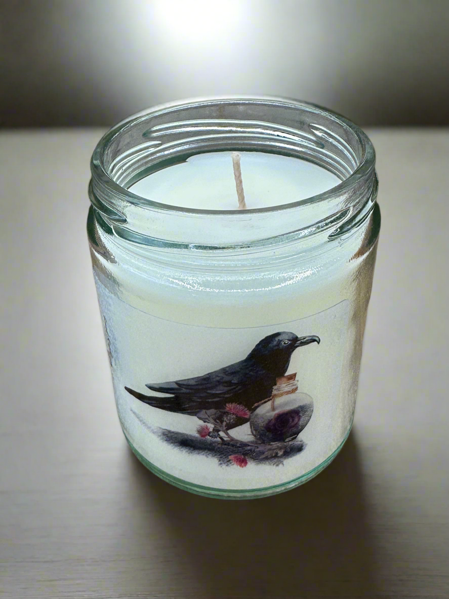 Crow and Flowers Raven Halloween Fall Dark 9oz Soy Blend Candle