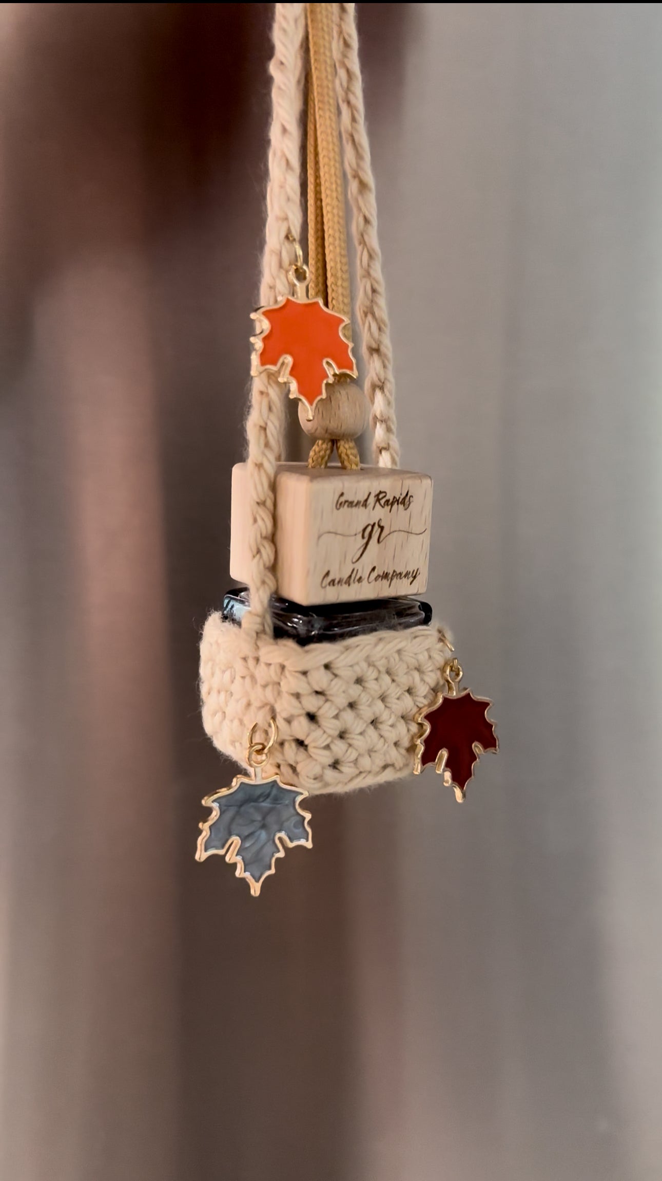 Fall Leaves Crocheted Hanging Basket Car Air Freshener Cover Diffuser Travel Boho