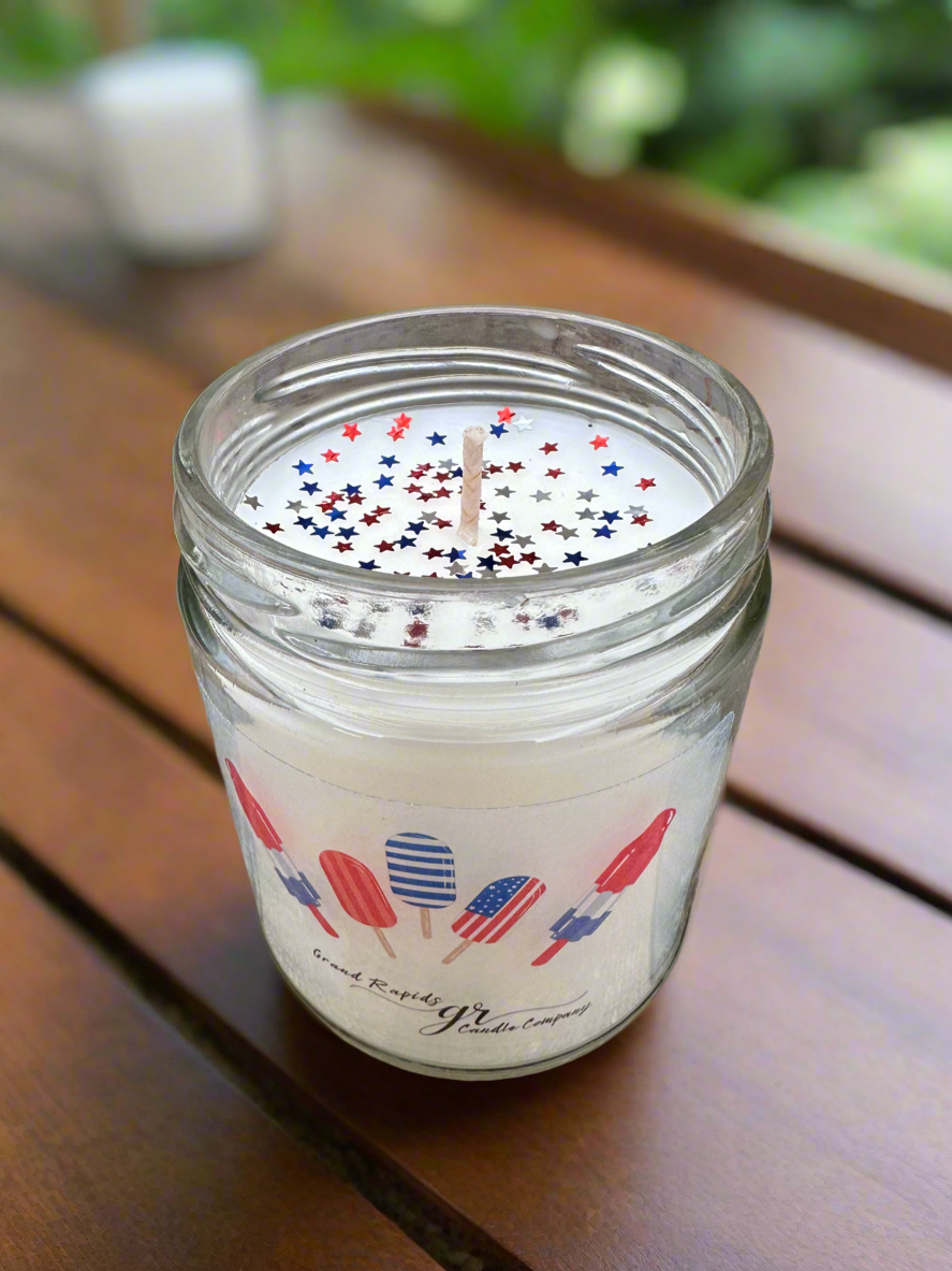 Popsicle Bomb Pop Candle Rocket Ice Cream 9oz Soy Blend patriotic Red White and Blue confetti glitter