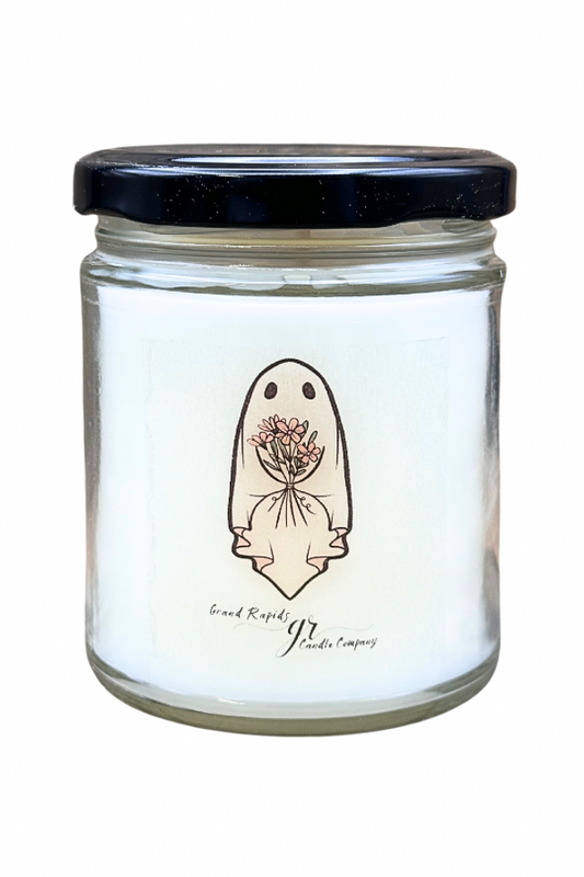 Cute Ghost with Flower Bouquet. 9oz Soy Blend Candle