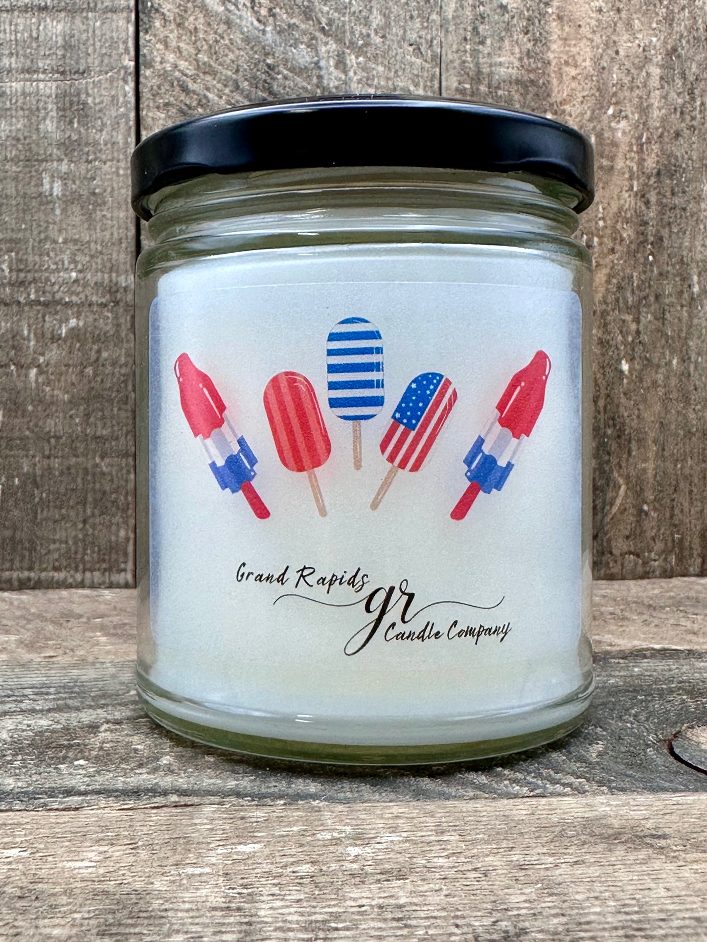 Popsicle Bomb Pop Candle Rocket Ice Cream 9oz Soy Blend patriotic Red White and Blue confetti glitter