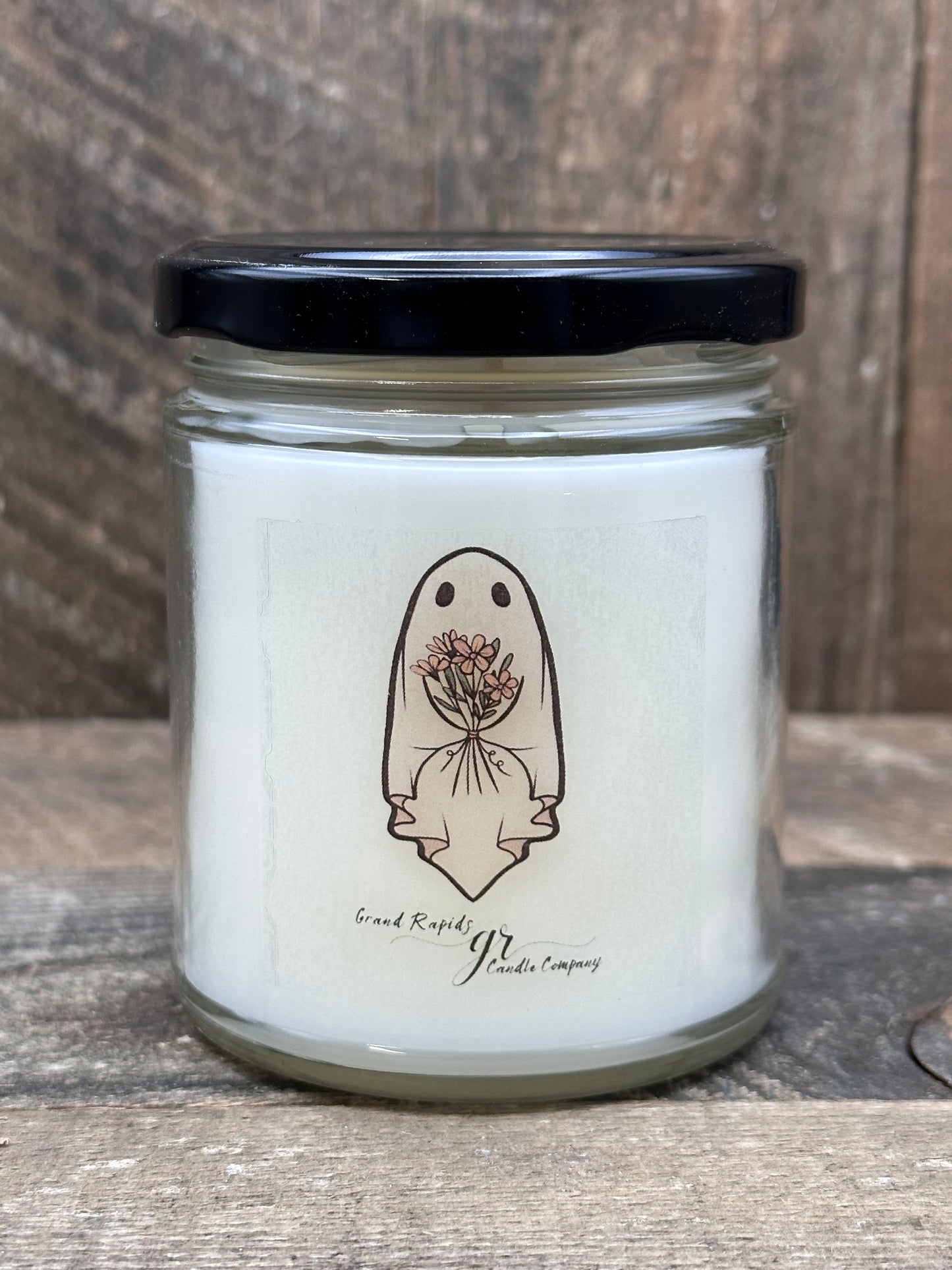 Cute Ghost with Flower Bouquet. 9oz Soy Blend Candle