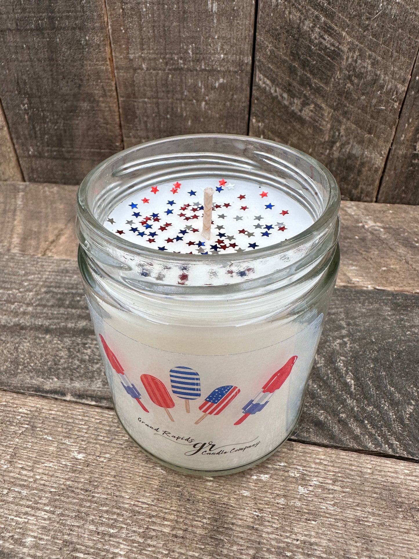 Popsicle Bomb Pop Candle Rocket Ice Cream 9oz Soy Blend patriotic Red White and Blue confetti glitter