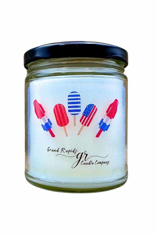 Popsicle Bomb Pop Candle Rocket Ice Cream 9oz Soy Blend patriotic Red White and Blue confetti glitter