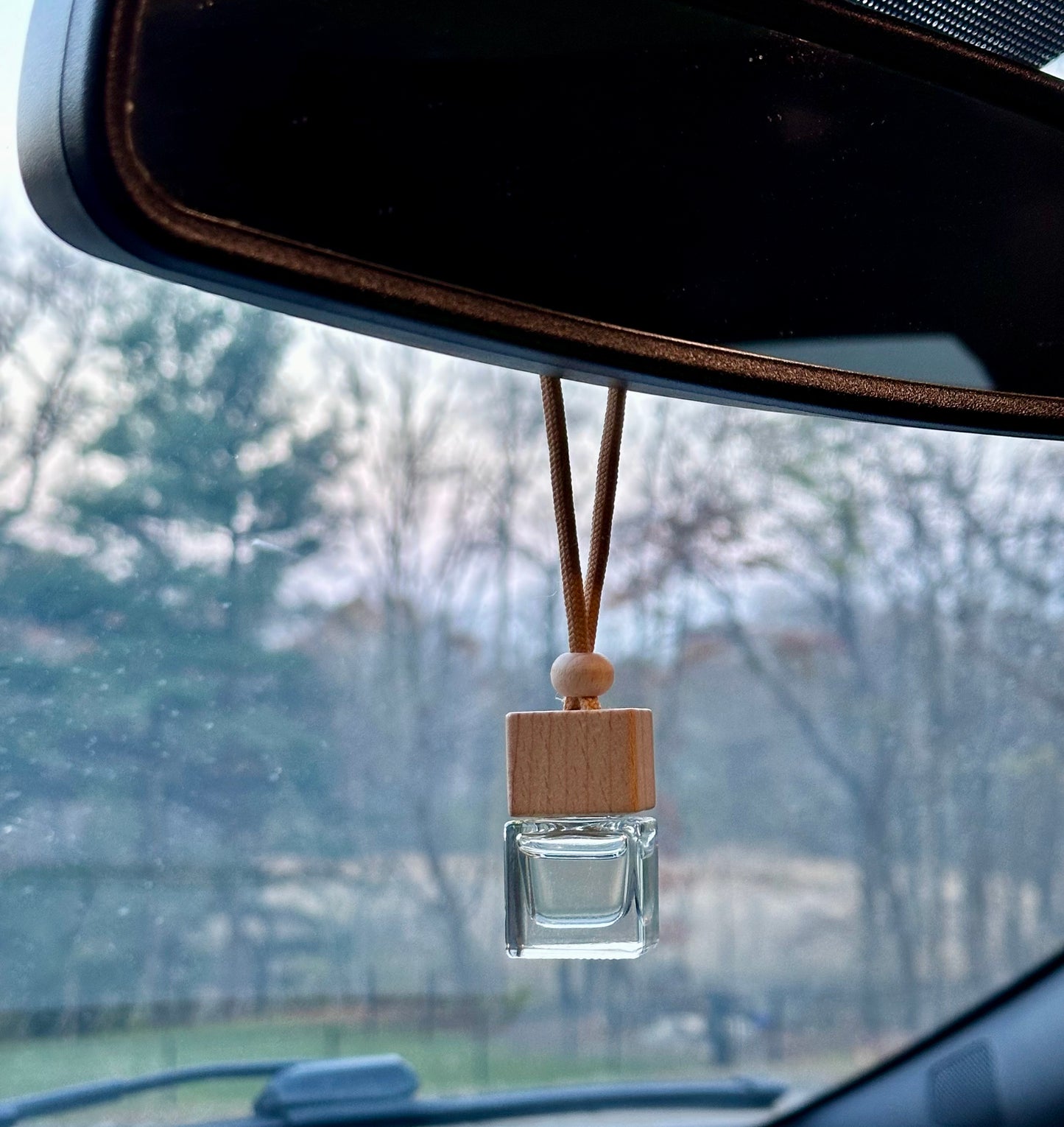 Square Car Air Freshener Glass Diffuser Wooden Lid Travel Boho