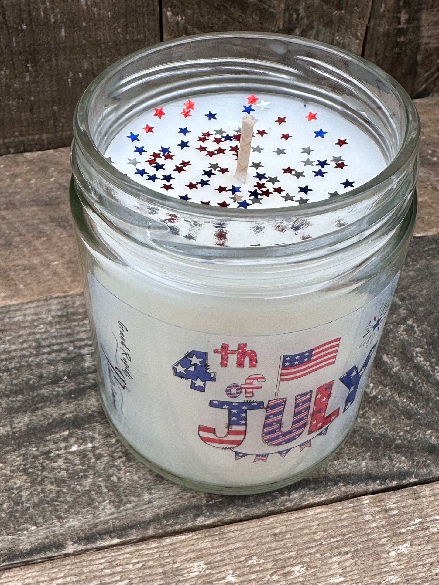 4th of July Star Sparkles Flag Firework 9oz Soy Blend Candle patriotic Red White and Blue confetti glitter