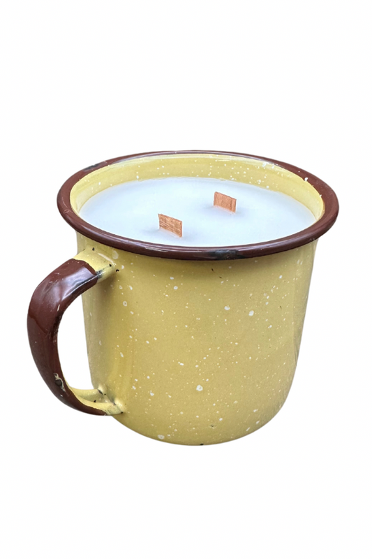 Yellow Citronella Double Wood Wick Camping Vintage reclaimed coffee mug candle