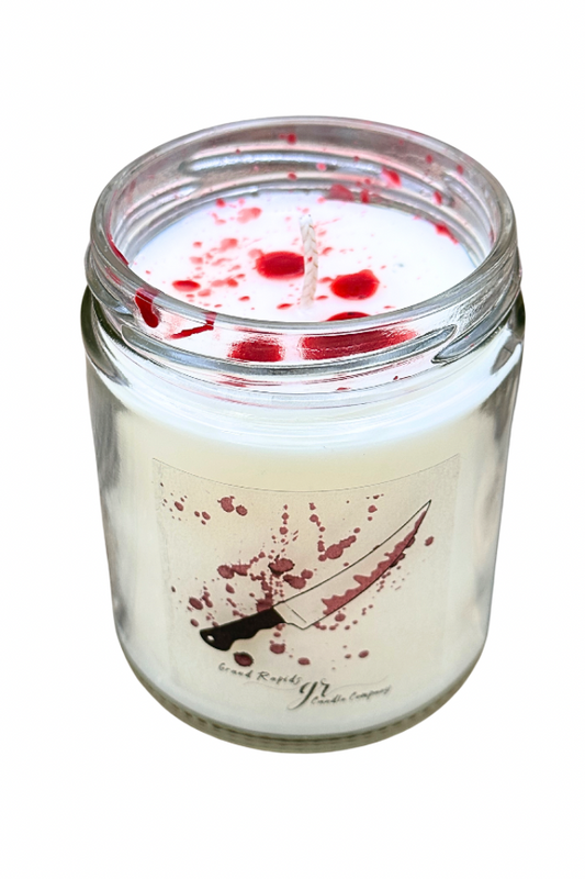 Blood Spatter Butcher Knife 9oz Soy Blend Spooky Candle Halloween Horror