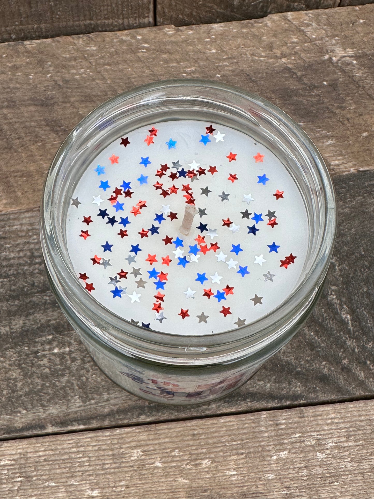 4th of July Star Sparkles Flag Firework 9oz Soy Blend Candle patriotic Red White and Blue confetti glitter