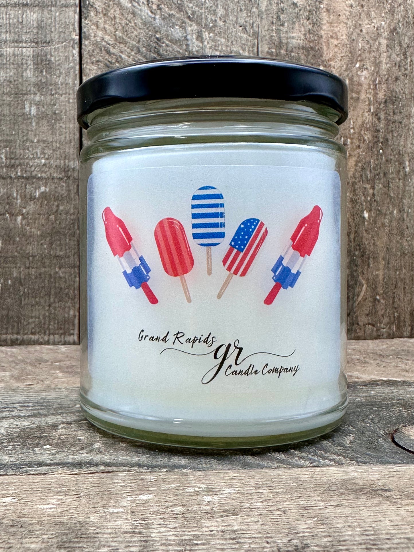 Popsicle Bomb Pop Rocket Ice Cream 9oz Soy Blend Candle patriotic Red White and Blue confetti glitter