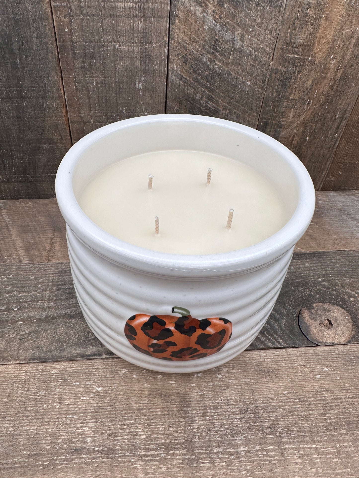 Pumpkin Spice 4 Wick Leopard Print White Fall Halloween Reclaimed Candle