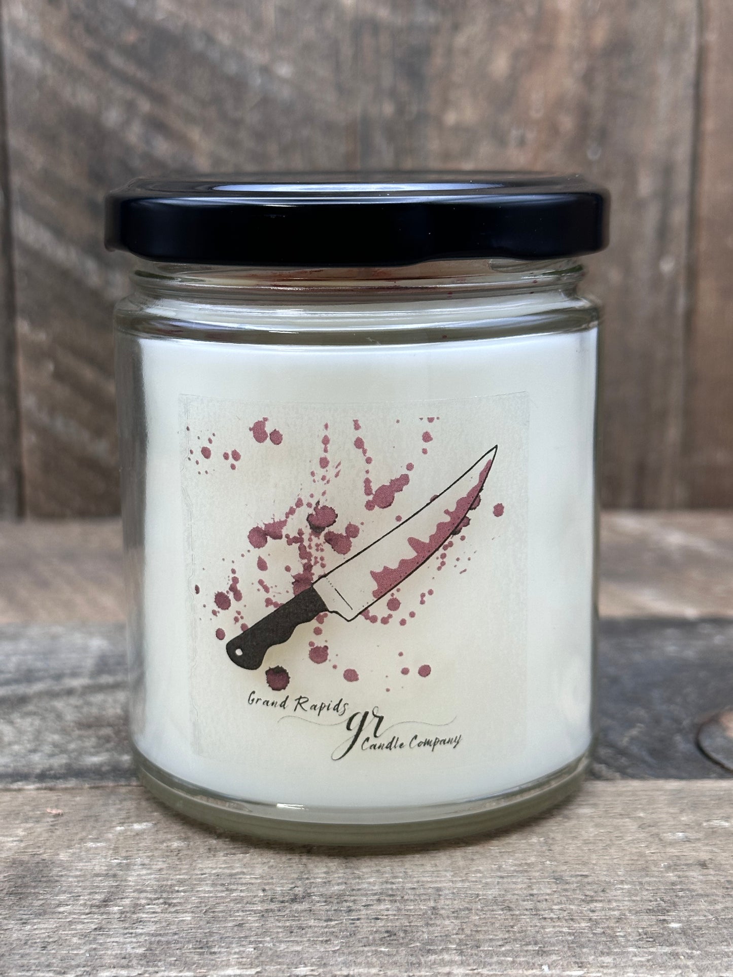 Blood Spatter Butcher Knife 9oz Soy Blend Spooky Candle Halloween Horror