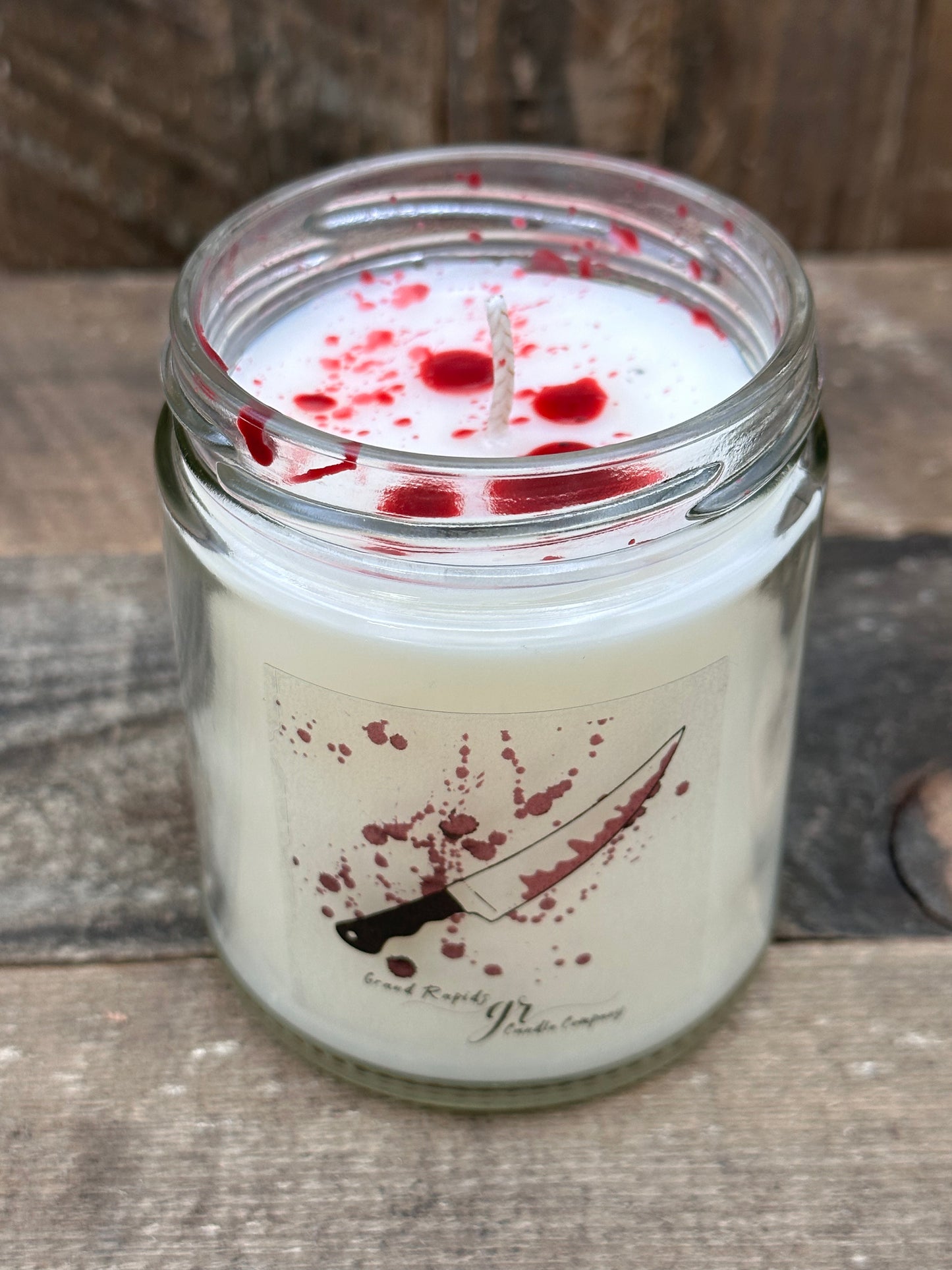 Blood Spatter Butcher Knife 9oz Soy Blend Spooky Candle Halloween Horror