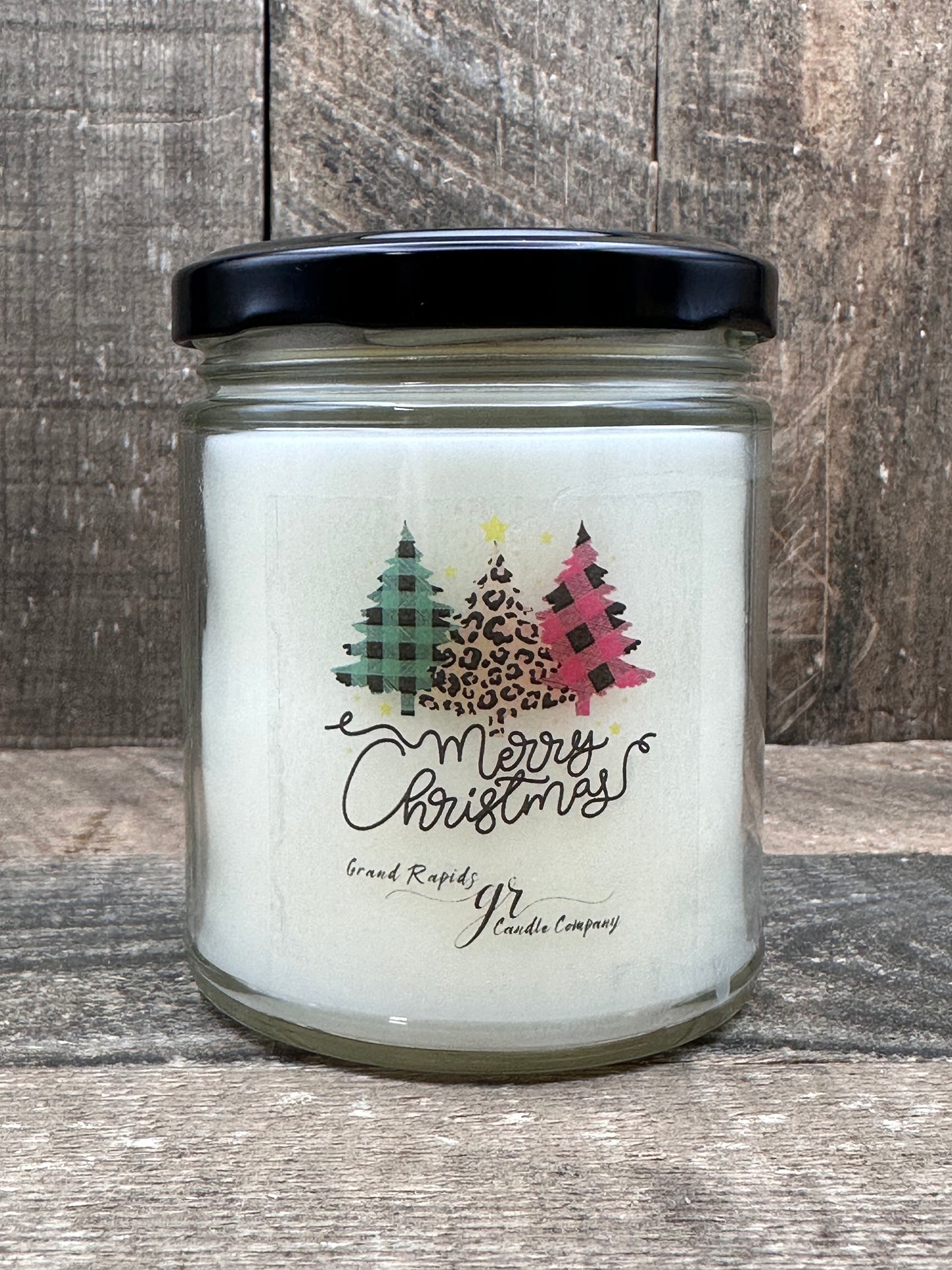 Plaid and Leopard Print Christmas Trees. 9oz Soy Blend Candle