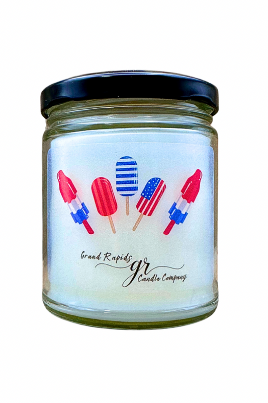 Popsicle Bomb Pop Rocket Ice Cream 9oz Soy Blend Candle patriotic Red White and Blue confetti glitter