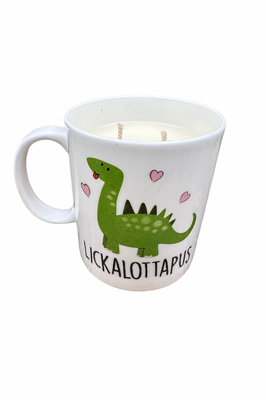 Lickalottapus Funny Reclaimed Vanilla Scented Coffee mug candle Double Wick Dinosaur