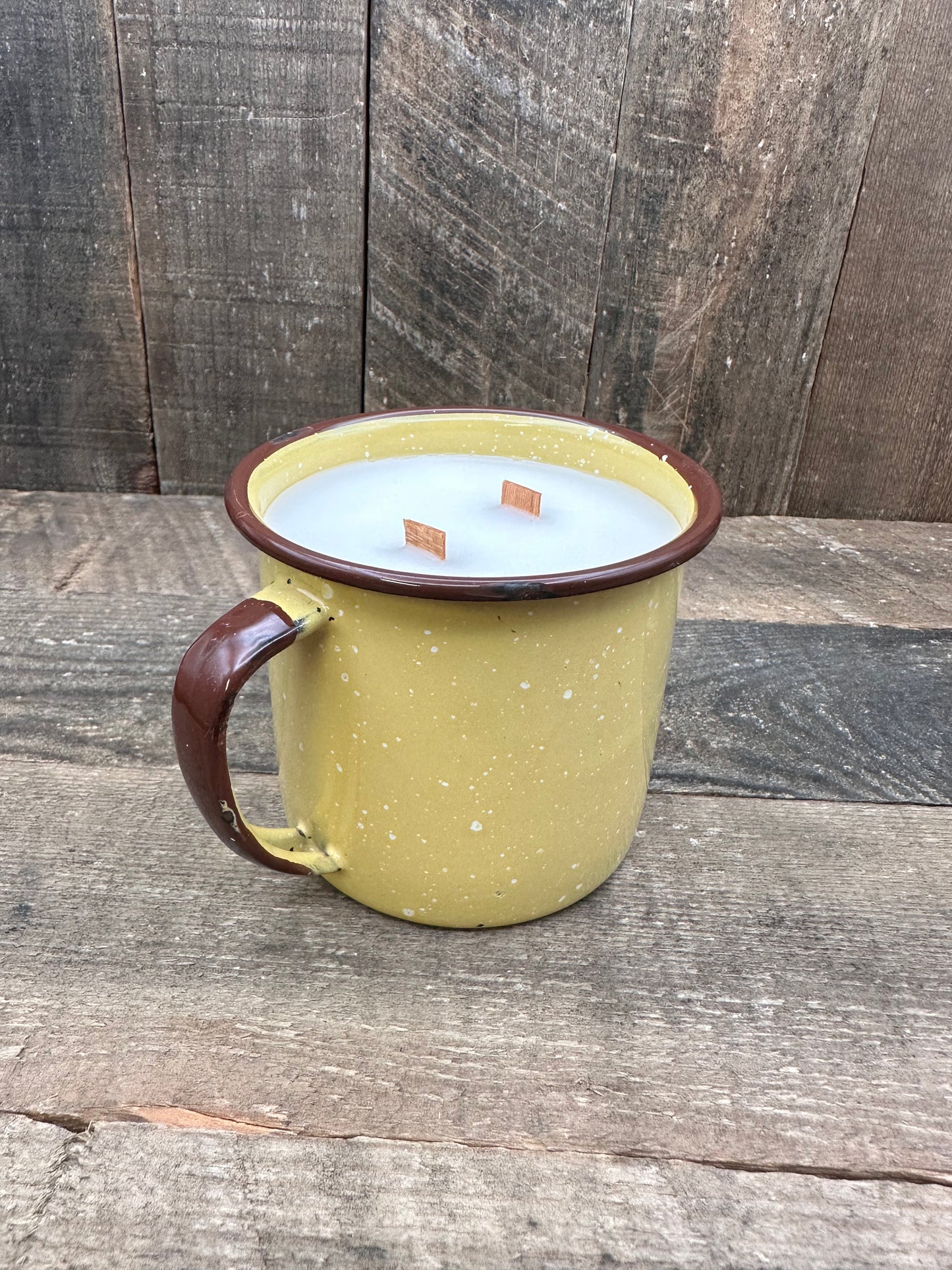 Yellow Citronella Double Wood Wick Camping Vintage reclaimed coffee mug candle