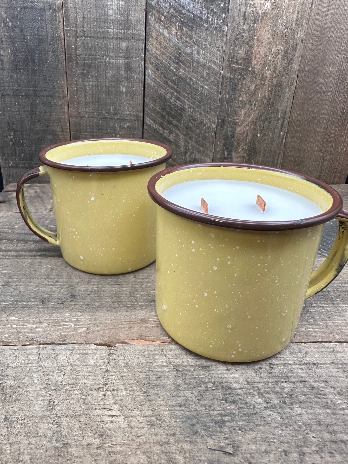 Yellow Citronella Double Wood Wick Camping Vintage reclaimed coffee mug candle