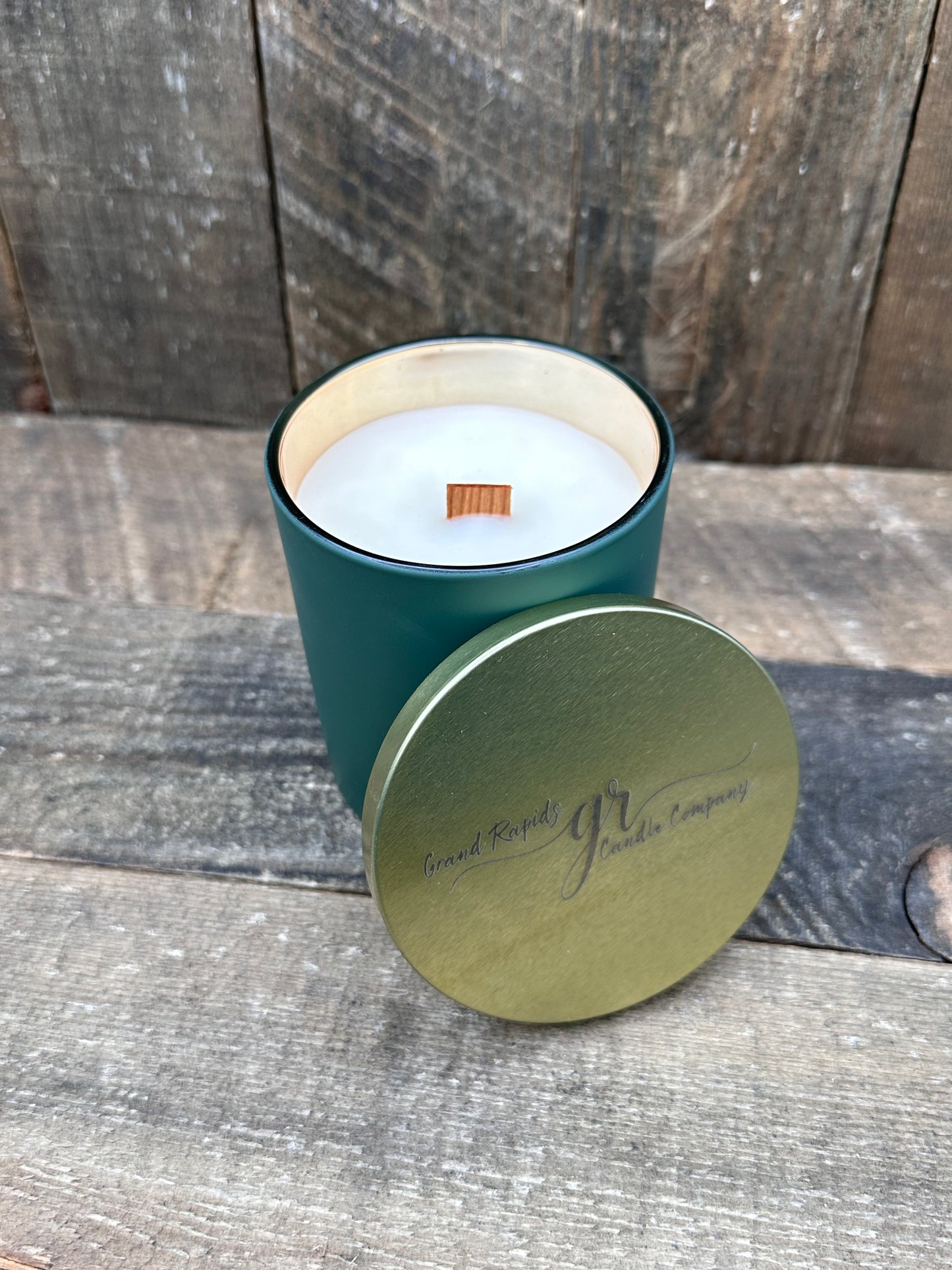 Matte Green and Gold wood wick Tumbler 10 oz soy blend candle