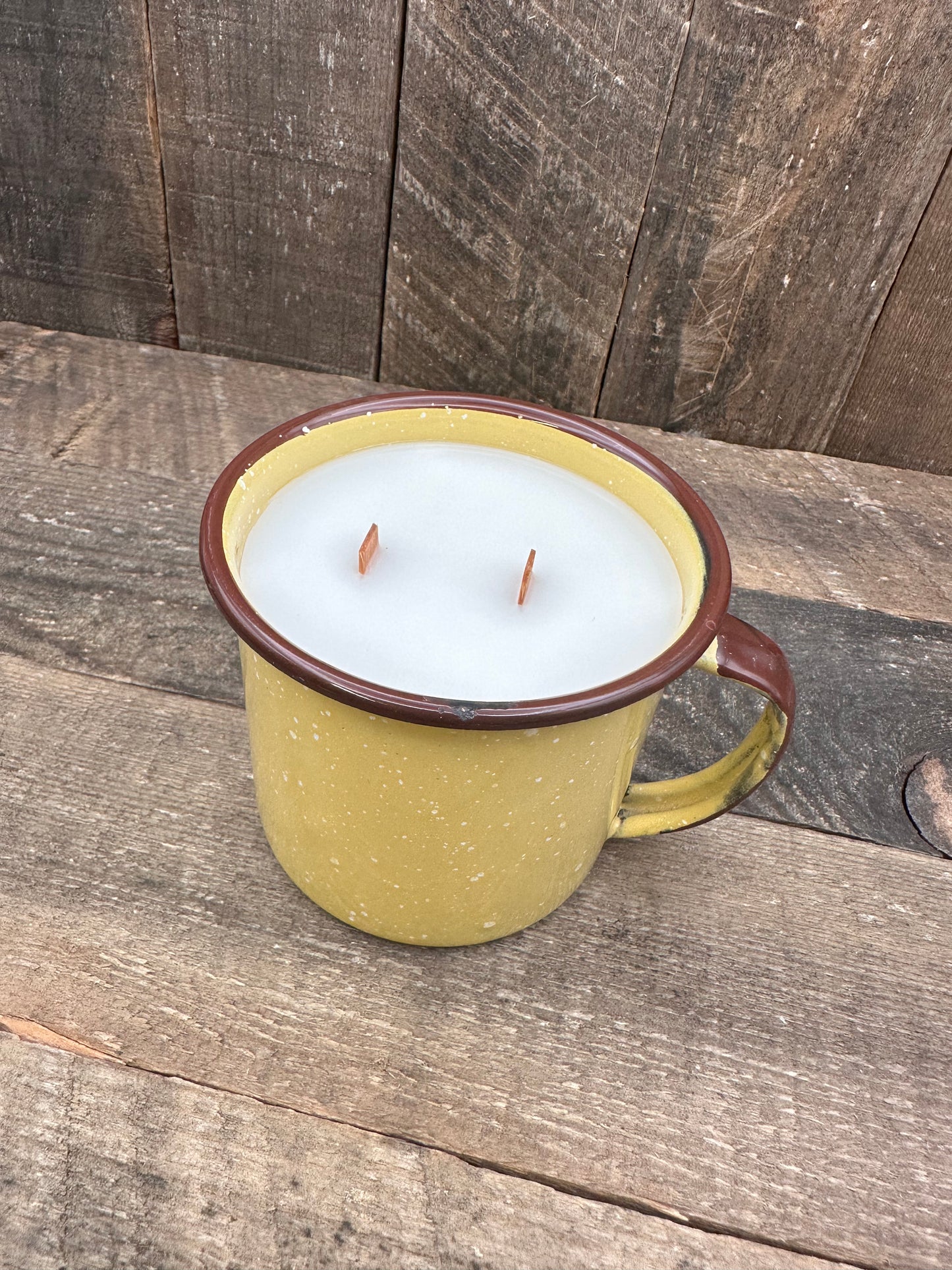 Yellow Citronella Double Wood Wick Camping Vintage reclaimed coffee mug candle