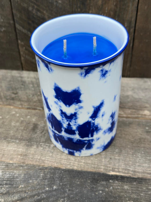 Tie-Dye Blue and White Reclaimed Clean Linen Candle