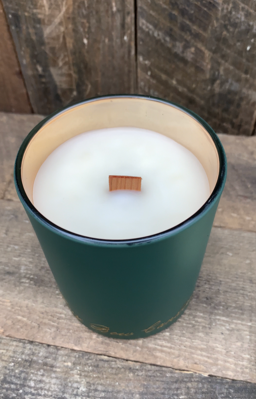 Matte Green and Gold wood wick Tumbler 10 oz soy blend candle